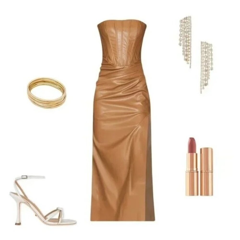 Bardot Everlasting Faux Leather Dress in Camel 2 New Womens Vegan Strapless Midi - Picture 11 of 16
